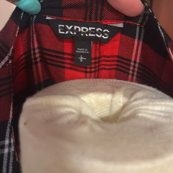Express L Plaid Rayon Top red & black Flannel Look Lace Front Shirt Blouse - Picture 4 of 6